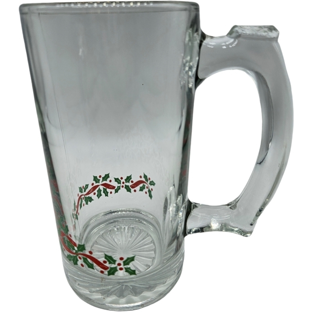👍Libbey Clear Glass Christmas Mug with Holly Motif